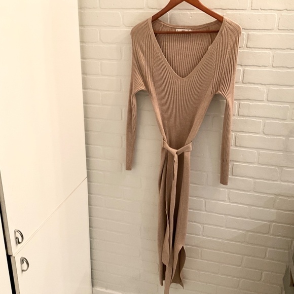 ASOS Mango Bow embellished Dress knitted Ribbed Midi belted Cream tan camel Sz L - Picture 10 of 16